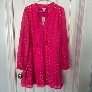 NWT Crown & Ivy Pink Gold Dot Tiered Boho Dress Size L